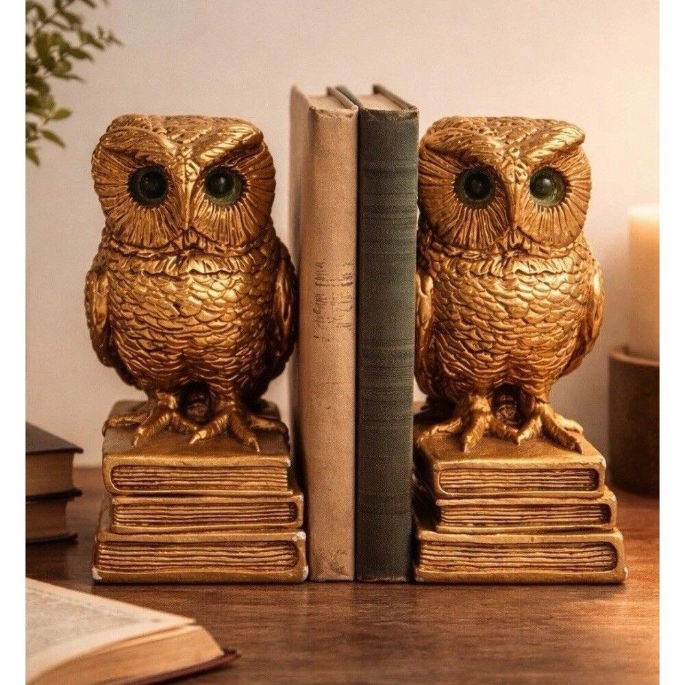 Vintage 1966 Progressive Art Gold Owl Bookends Green Eyes MCM Set